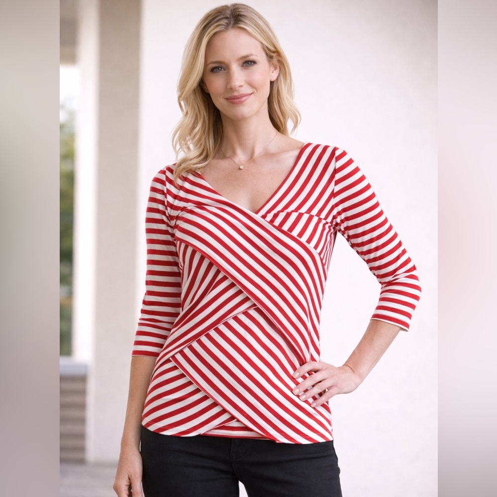 Verve Ami Red and White v-neck Striped Top | S